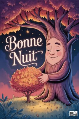 Arbre anthropomorphe souriant, texte «Bonne nuit», sous ciel étoilé. Couleurs chaudes : rose, orange, violet. Arbre embrassant un petit arbre.