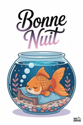 Poisson rouge endormi dans un bocal, sur un lit bleu, avec l’inscription «Bonne nuit». Fond bleu nuit étoilé. Couleurs : orange, bleu, rose.