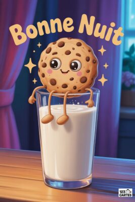 Cookie souriant assis sur un verre de lait, avec l’inscription «Bonne nuit». Le cookie est marron avec des pépites, le lait blanc. Fond bleu et rose.