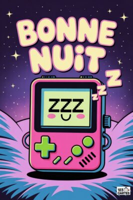 Carte «Bonne nuit» avec console de jeu rose endormie. Texte «Bonne nuit» en haut, étoiles sur fond violet. Écran affiche «zzz« et un sourire.
