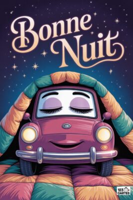 Une voiture rose souriante sous une couette multicolore, avec l’inscription «Bonne nuit» sur un fond étoilé bleu nuit. Style dessin animé.