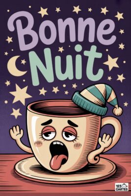 Tasse de café fatiguée avec bonnet de nuit, texte «Bonne nuit» sur fond étoilé violet. Design cartoon aux couleurs douces, ambiance reposante.
