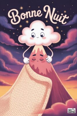 Carte «Bonne nuit» : Montagne rose endormie sous une couverture beige, surmontée d’un nuage souriant. Ciel étoilé et nuages roses et violets.