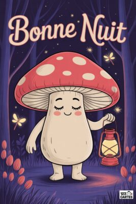 Champignon souriant tenant une lanterne rouge, chapeau à pois rouges, dans une forêt sombre. Texte «Bonne nuit». Libellules et fleurs roses. Carte de nuit.
