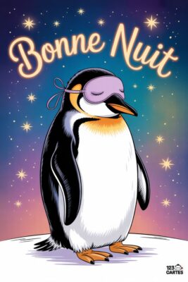 Un manchot noir et blanc portant un masque de sommeil violet, sous un ciel étoilé. Le texte «Bonne nuit» en lettres dorées surplombe.
