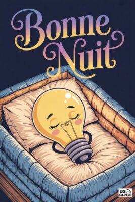«Bonne nuit» écrit en lettres stylisées. Une ampoule jaune endormie dans un berceau bleu et beige. Fond bleu nuit. Détails roses et bruns.