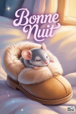 Un petit rongeur gris endormi dans une pantoufle en peau de mouton beige. Le texte «Bonne nuit» en rose clair surplombe la scène paisible. Fond blanc et doux.