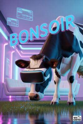 Vache noire et blanche portant un casque VR, broutant de l’herbe dans un environnement futuriste. Le mot «BONSOIR» en néon bleu et rose.
