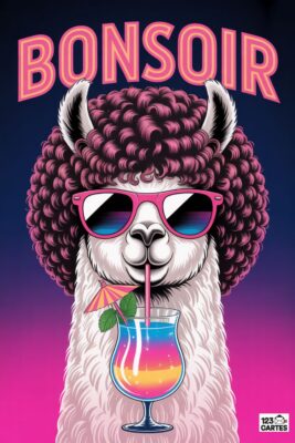 Lama blanc avec lunettes roses et coupe afro, buvant un cocktail coloré. Fond dégradé rose et bleu. Inscription «BONSOIR» rose en haut.