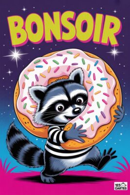 Un raton laveur souriant, en tenue rayée, tient un donut rose. Le fond est bleu nuit avec l’inscription «BONSOIR» et des étoiles.