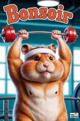 Hamster musclé soulevant une barre avec des haltères rouges en forme de tomates. Le mot «BONSOIR» en orange. Le rongeur porte un bandeau blanc. Fond bleu clair.