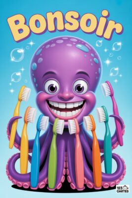 Un poulpe violet souriant tient des brosses à dents colorées. Le mot «BONSOIR» en jaune est au-dessus. Fond bleu clair avec bulles. Thème hygiène dentaire.