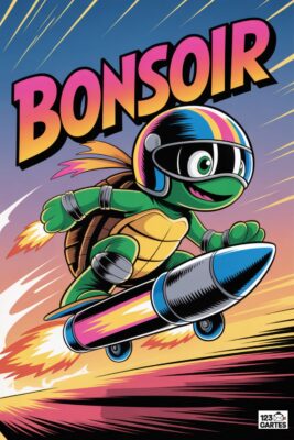 Tortue verte sur une fusée-planche à roulettes, casque coloré. Texte «BONSOIR» rose et jaune. Fond bleu et orange avec effets de vitesse.