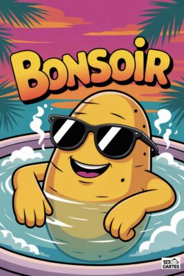Patate souriante en lunettes de soleil dans un jacuzzi. Fond coucher de soleil rose et orange, palmiers. Mot «BONSOIR» orange. Style cartoon.