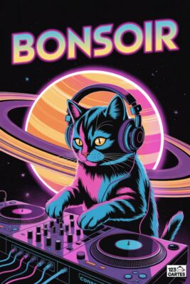 Chat DJ avec casque sur fond spatial. Le chat noir et bleu mixe sur une platine, devant une planète orange et violette. Le mot «BONSOIR» en haut.