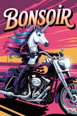 Unicorn riding a motorcycle, «BONSOIR» text. White unicorn with colorful mane, wearing a leather jacket, on a purple bike with flames, pink background.
