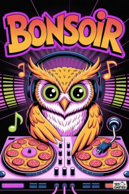 Chouette DJ avec casque, jouant sur platines pizza. Texte «BONSOIR» orange, violet. Notes de musique. Fond noir avec éléments graphiques roses et verts.
