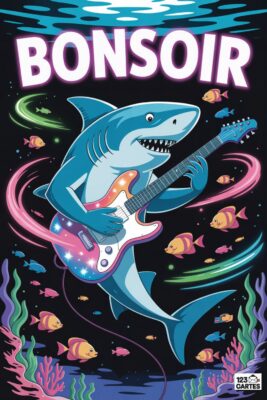 Un requin bleu jouant de la guitare électrique, entouré de poissons. Fond noir avec le mot «BONSOIR» en blanc. Décor sous-marin avec algues et coraux.