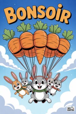 Bonsoir écrit en orange au-dessus de carottes-parachutes. lapins souriants sous les carottes, ciel bleu nuageux. carte voeux enfantine, couleurs vives.