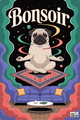 Un carlin méditant sur un tapis volant, «BONSOIR» en haut. Fond étoilé, lignes courbes vertes et roses. Canapé bleu, table basse, coussins jaunes.
