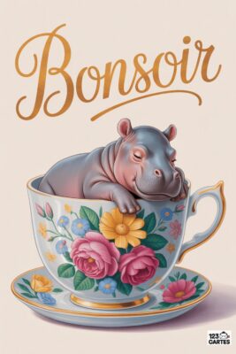 Hippopotame gris endormi dans une tasse à thé fleurie. Le mot «BONSOIR» doré surplombe la scène. Fond beige clair.