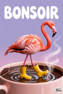 Flamant rose dans une tasse de café fumante, portant des bottes jaunes. Le mot «BONSOIR» en blanc sur fond violet et rose.
