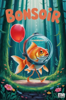 Poisson rouge orange avec casque, marchant dans une forêt verte. Un ballon rouge flotte. Le mot «BONSOIR» orange est au-dessus. Fleurs roses et jaunes.