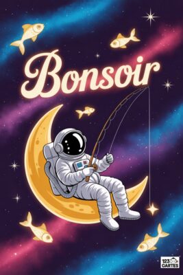 Astronaute pêchant sur la lune, entouré de poissons dorés, dans un ciel étoilé aux couleurs violettes et bleues. Le mot «BONSOIR» est écrit en lettres cursives.