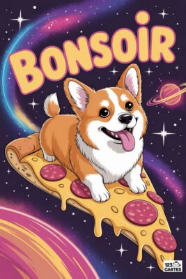Corgi souriant sur une part de pizza pepperoni dans l’espace. Fond violet étoilé avec mot «BONSOIR» jaune et planète.