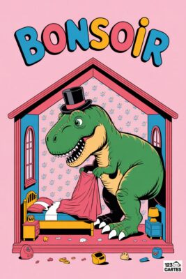 Un dinosaure vert avec un chapeau haut de forme dans une maison de poupée rose. Il borde un lit. Le mot «BONSOIR» en haut.