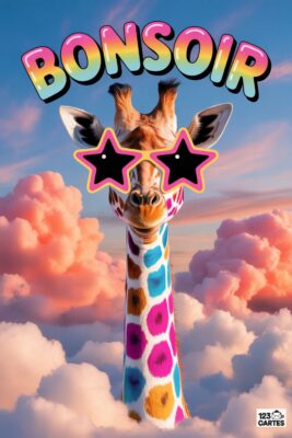 Girafe avec lunettes étoiles, ciel nuageux. Le mot «BONSOIR» en arc-en-ciel. Pelage coloré. Fond rose et bleu, nuages cotonneux. Carte postale originale.