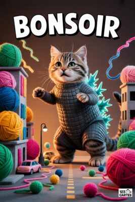 Chat tigré en costume Godzilla, devant bâtiments et pelotes de laine colorées. Inscription «BONSOIR». Scène urbaine avec voiture rose, lampadaire.