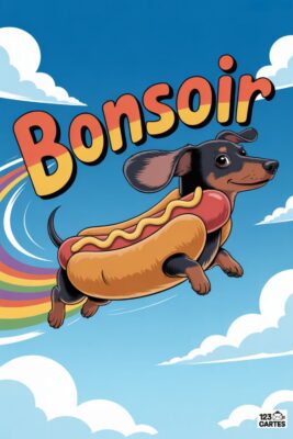 Chien teckel noir et marron en hot-dog volant dans le ciel bleu avec nuages et arc-en-ciel. Le mot «BONSOIR» en lettres colorées.