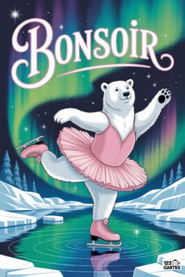 Ours polaire en tutu rose patinant sur glace, aurore boréale en arrière-plan. Titre «BONSOIR» blanc. Paysage hivernal, couleurs vives et douces.