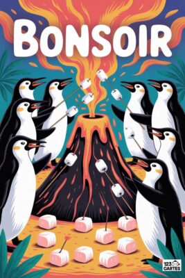 Bonsoir écrit en blanc. pingouins autour d’un volcan éruption, grillant des chamallows. couleurs vives : orange, noir, blanc, bleu et rose. jeu de cartes.