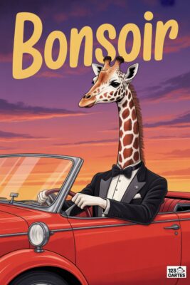 Girafe en costume noir et nœud papillon conduisant une voiture rouge décapotable. Ciel crépusculaire orangé et violet, titre «BONSOIR» jaune.