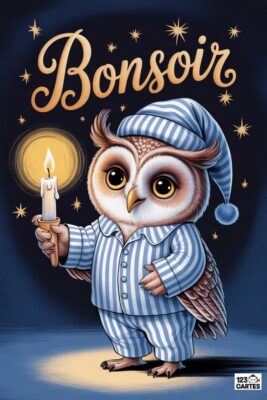 Chouette en pyjama rayé bleu et blanc tenant une bougie allumée. Fond bleu nuit avec étoiles et lune. Mot «BONSOIR» doré.