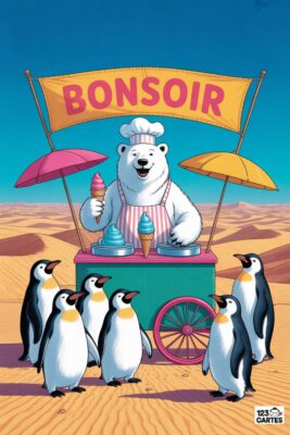 Ours polaire vendeur de glaces «BONSOIR» dans le désert, entouré de pingouins. Crème glacée rose et bleue, parasols rose et jaune, ciel bleu.
