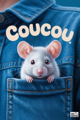 Un petit rat blanc sort d’une poche de veste en jean bleue. Le mot «coucou» en lettres beiges surplombe le rongeur. Fond bleu.