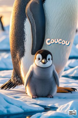 Un bébé manchot empereur gris et noir devant un adulte. «coucou» en rose sur fond blanc. Scène polaire avec glace et ciel orangé.