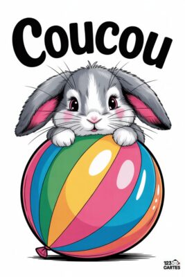 Lapin gris et blanc avec oreilles roses, tenant un ballon multicolore. Le mot «coucou» en noir au-dessus. Fond blanc. Carte de vœux enfantine.