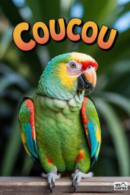 Perroquet aux plumes vertes, bleues, jaunes et rouges, bec orange. Le mot «coucou» en orange sur fond vert. Fond flou de feuillage.