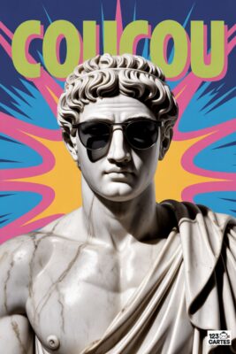 Statue grecque en marbre avec lunettes de soleil, fond bleu et explosion de couleurs. Le mot «coucou» en vert fluo est au-dessus.