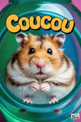 Hamster brun et blanc souriant, regardant l’observateur, dans une cage verte. Le mot «coucou» en jaune est écrit au-dessus. Fond rose.