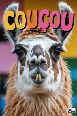 Gros plan d’un lama souriant avec un pelage brun, blanc et crème. Le mot «coucou» en lettres colorées surplombe l’animal, sur fond multicolore.