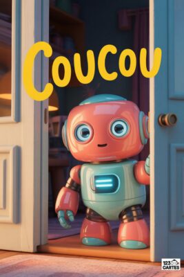 Robot rose et bleu «coucou» souriant, debout dans une porte ouverte. Texte jaune sur fond bleu. Style cartoon, couleurs vives, ambiance chaleureuse.