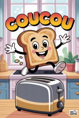 Coucou : un toast souriant saute au-dessus d’un grille-pain. Texte «coucou» en haut. Cuisine lumineuse avec couleurs vives, ambiance joyeuse.