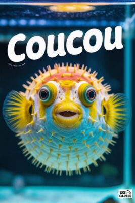 Poisson-globe jaune et blanc avec épines, yeux globuleux et bouche ouverte. Texte «coucou» en blanc sur fond bleu.