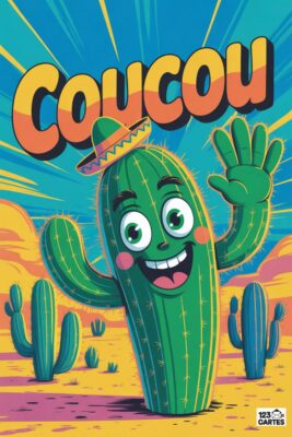 Cactus vert souriant avec chapeau mexicain, saluant. Fond désertique avec cactus, ciel bleu et texte «coucou» orange. Style cartoon coloré.