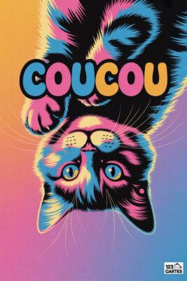 Chat stylisé tête en bas, couleurs vives rose, bleu, jaune et noir. Le mot «coucou» en lettres colorées est au centre. Fond dégradé.